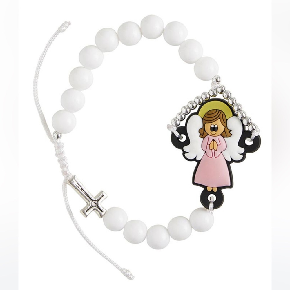 White Beaded Rosary Bracelet with Girl Angel and silver tone Cross Charm new